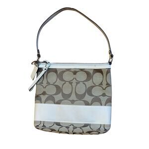 Vintage Coach Signature Brown Tan Canvas Cream Stripe Zip Medium Shoulder Bag